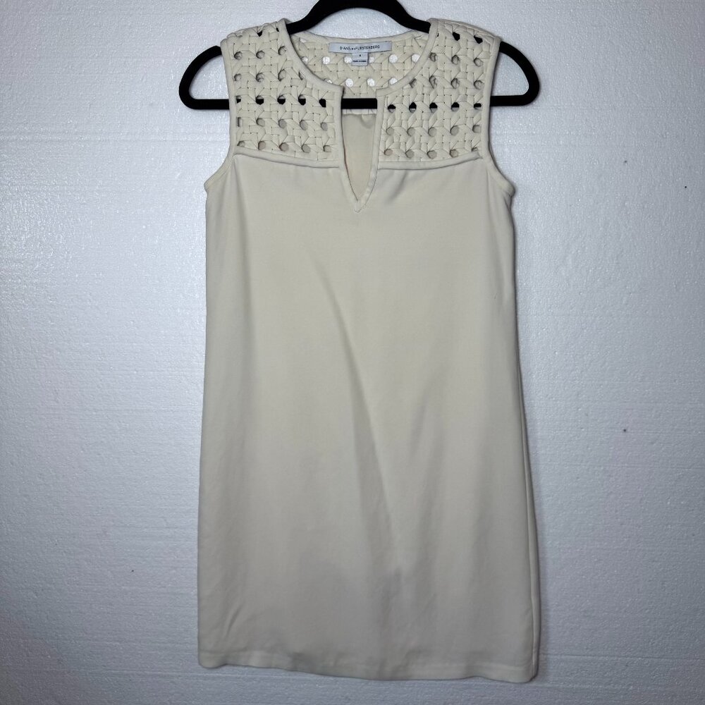 DVF Diane Von Furstenberg Womens Size 0 Hope Cream Basketweave-Yoke Sheath Dress
